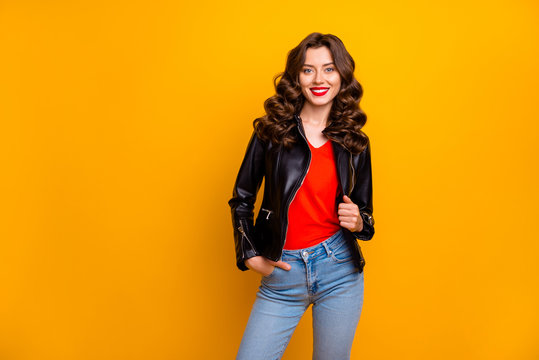 Photo of lady with amazing beaming smile and red lipstick ready for walk wear leather jacket isolated yellow background
