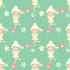 Seamless pattern with colorful fairy for kid. Children's background for girls. Pattern for girl. Baby pattern with cute fairy. Pattern with Fairy flying. Fairy with a magic wand.