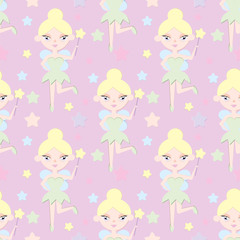 Seamless pattern with colorful fairy for kid. Children's background for girls. Pattern for girl. Baby pattern with cute fairy. Pattern with Fairy flying. Fairy with a magic wand.