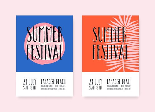 Summer festival vector posters template. Summertime music fest, beach party placard with text space. Hand drawn lemon slice and palm leaf on blue, red background. Summer season event advertising.