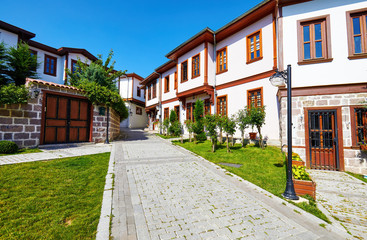 Fototapeta na wymiar Historical Turkish restoration houses in Hamamonu district of Altindag, Ankara, Turkey.