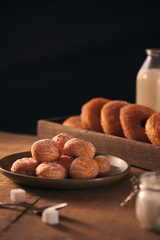 Small balls of freshly baked homemade cottage cheese doughnuts in a plate on a gray background.