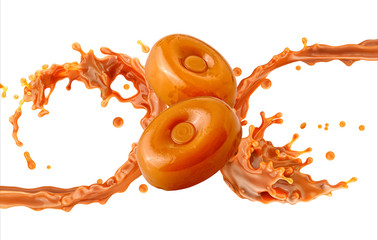 Liquid sweet melted caramel, delicious milk caramel sauce swirl 3D splash with chewy cream toffees candies. Yummy sweet caramel fudge toffee candies, yummy sauce. Advertising design element isolated - obrazy, fototapety, plakaty