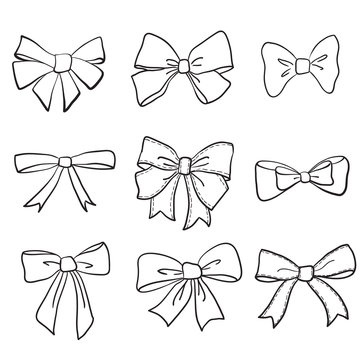 hand drawn doodle bows collection. ribbon, decoration. vector set.
