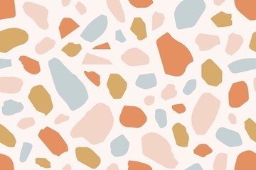Terrazzo creative vector seamless pattern. Granite fragments abstract backdrop. Chaotic mosaic blue and pink pieces on white background. Stones and rocks color texture. Marble textile, tile design.