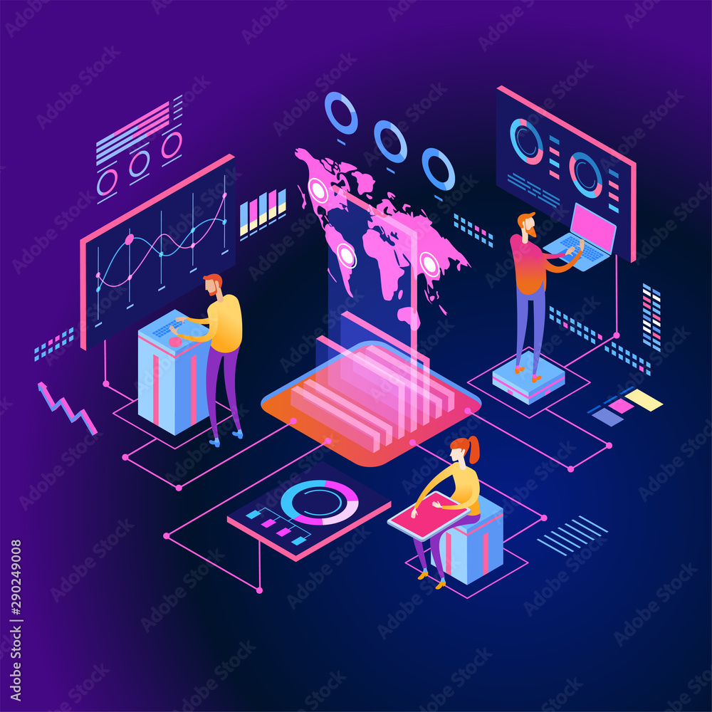 Aufkleber people interacting with graphs and papers. workflow and business management. 3d vector isometric ill