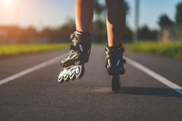 Roller skates during inline skating outdoors. Active lifestyle. Rollerblading