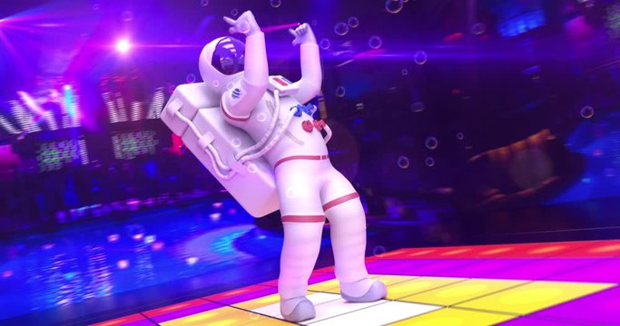 Funny Astronaut Dancing On A Disco Stage With Foams Falling - Camera Moving Around Him - Lights And Cool Ambient Seamless Loop