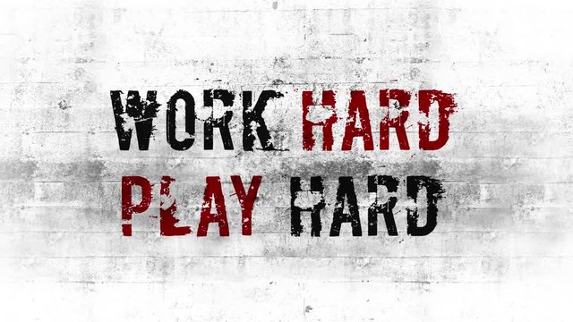 Work Hard Play Hard Graphic Animation/ 4k animation of a concrete wall of brick with work hard play hard quote revealing