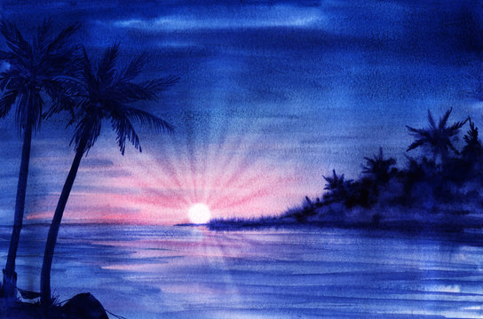 Romantic tropical landscape background. Dark silhouettes of palm trees against rising sun dispersing darkness of ink sky. Pink sunrise in calm water reflection. Watercolor hand drawn illustration