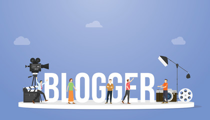 Fototapeta na wymiar blogger or vlogger concept with big text or word and professional people with some tools with modern flat style - vector
