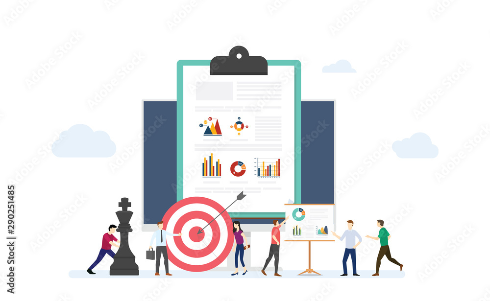 Poster marketing strategy business concept with team people and some graph chart and goals target dart with