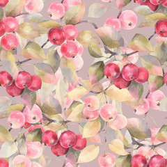 Hand painted watercolor illustration. Fruit seamless pattern with wild apples.
