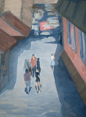 a people on the street among houses, oil painting