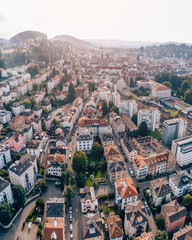 Aerial Drone Photo of the beautiful traditional city of Sankt Gallen in Switzerland on a sunny afternoon