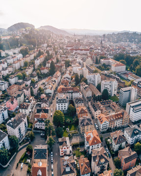 Aerial Drone Photo of the beautiful traditional city of Sankt Gallen in Switzerland on a sunny afternoon