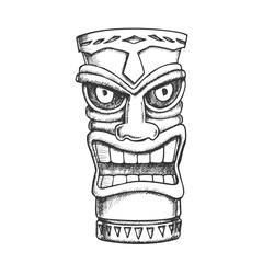 Tiki Idol Carved Wood Statue Monochrome Vector. Cultural Antique Scary Totem Sculpture Angry Face Idol. National Religious Object Template Designed In Vintage Style Black And White Illustration