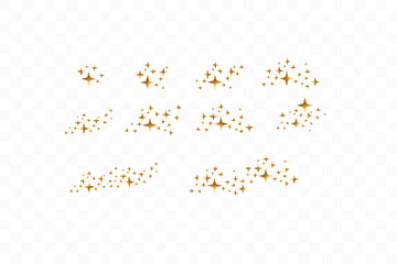 Set of golden falling stars. Cloud of golden stars isolated on transparent background. Vector illustration. Meteoroid, comet, asteroid, stars