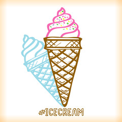 Sketch drawing of ice cream in cone, with shadow. Picture for girl teenager t-shirt or fabric. Vector