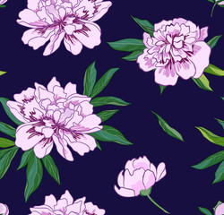 Vector seamless pattern with pink peony flowers on dark blue background.