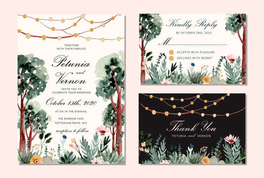 wedding invitation set with tree and string light watercolor background
