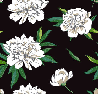 Vector seamless pattern with beige peony flowers on black background.