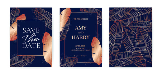 Set of Wedding Invitation cards Banana leaf Tropical, Dark Blue and Golden luxurious, save the date, invitation template, brochure. Business identity style. Invite Vector.