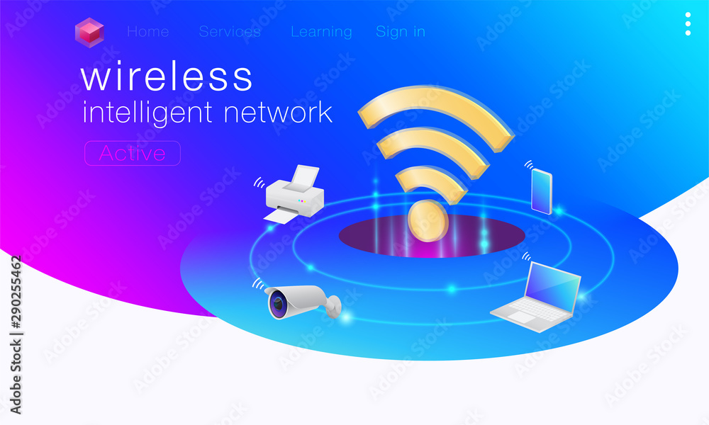 Fototapete wireless intelligent network communication with computers, laptops, tablets, printers, security came