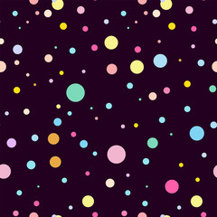 Vector seamless pattern. Simple Abstract design. Little cute shining confetti in punch pastel, festive colors. Perfect for textile, texture, ornament, baby cottons and more, black background