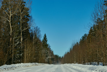 Snowy road in the winter forest in clear weather. Russian nature in the winter. the sun is shining in the corner. New Year winter weather concept.