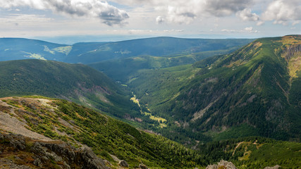 Mountain landscape with trees and meadow - Giant Mountains, Karkonosze, Poland.  