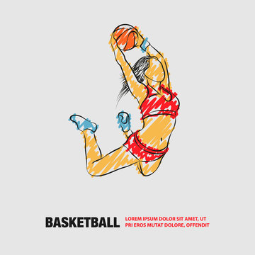 Basketball Slam dunk by Basketball Girl Player. Vector outline of soccer player with scribble doodles.
