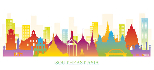 Southeast Asia Skyline Landmarks Colorful Silhouette