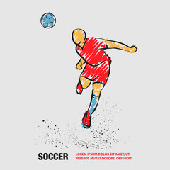 Soccer player heading the ball. Vector silhouette of a footballer jump and soccer ball. Vector outline of soccer player with scribble doodles.