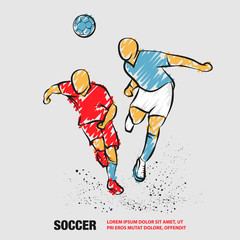 Fototapeta na wymiar Two Soccer players fighting for the ball. Vector outline of soccer player with scribble doodles.