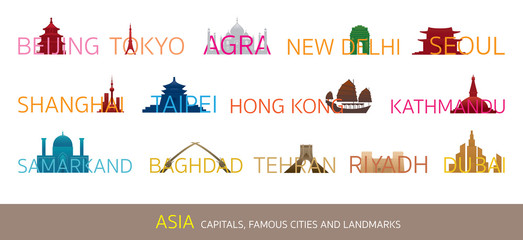 Asia Cities Landmarks with Text or Word