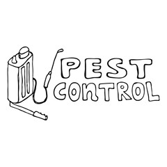 Pest control. Lettering with garden Insecticide sprayer as backpack with lever. Hand drawing sketch agricultural tool vector illustration isolated on white background
