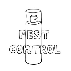 Pest control. Lettering on the background aerosol spray can with transparent lid. Hand drawing bottle sketch vector illustration isolated on black background
