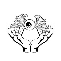 Vector hand drawn illustration of human eye with wings and human hands isolated.