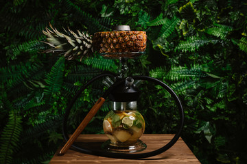  fruit smoky hookah on a pineapple with fruit inside the flask and on a background of greens