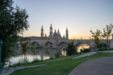 Landscape of El Pilar in Zaragoza at sunset
