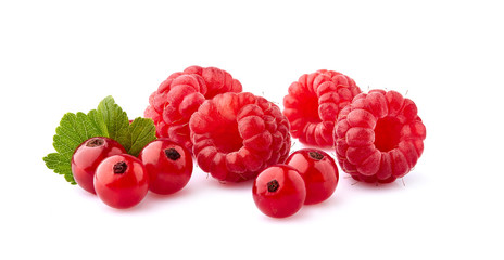 Red currant berries with raspberry on White Background isolated