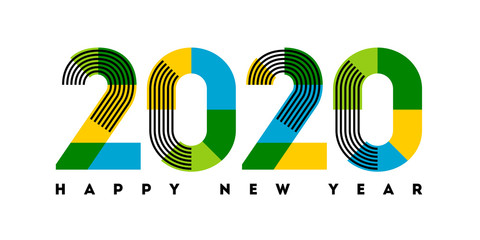 Happy New Year 2020 design. Abstract numbers with stripes and color blocks isolated on white background. Elegant vector illustration in modern style for holiday calendar, greeting card or banner
