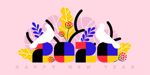 Fototapeta na wymiar Happy New Year 2020 greeting card. Multicolored numbers with tropical palm leaves and white birds on pink background. Stylish vector illustration for brochure cover or holiday calendar