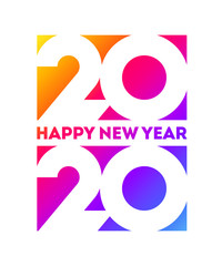 Happy New Year 2020 logo design with white elegant numbers on background of vivid rainbow gradient. Modern vector illustration for business diary cover, calendar, flyer or banner