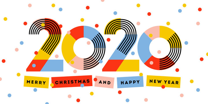 Merry Christmas and Happy New Year 2020 greeting card. Multicolored abstract numbers with ribbons and confetti isolated on white background. Elegant vector illustration in retro style