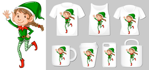 Graphic of christmas elf on different types of product template