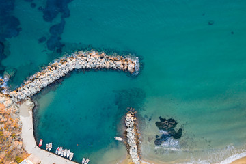 Agios Romanos, Tinos/Greece - September 10th 2019: Aerial view of the beach during sunset