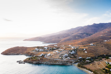Agios Romanos, Tinos/Greece - September 10th 2019: Aerial view of the area during sunset