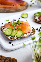 Rye bread, smoked salmon, cucumber and microgreens